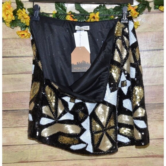 NWT Main Strip Full Sequin Black Gold Geometric Mini Skirt Size L Sexy Night Out - Picture 5 of 11